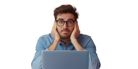 Young man working with laptop, isolated background