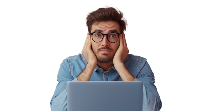 Young man working with laptop, isolated background