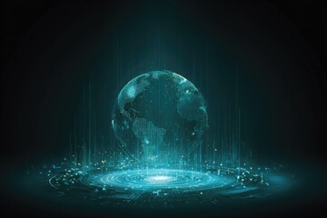 A glowing teal Earth hologram floats above a swirling, circular energy field, emanating light and data streams against a dark backdrop
