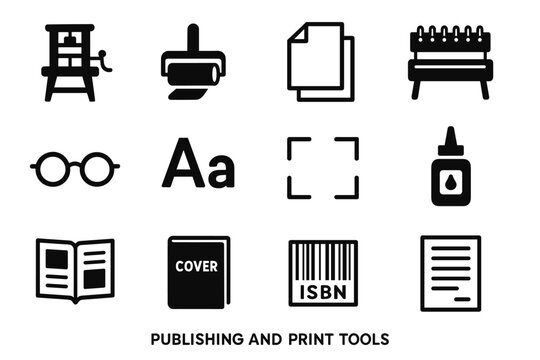 Icons of publishing and print tools: printing press, roller, paper, bindery, book, isbn, glue bottle