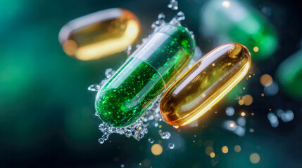Green and gold translucent capsule plunges into water, creating a splash effect in a crisp and vibrant macro shot