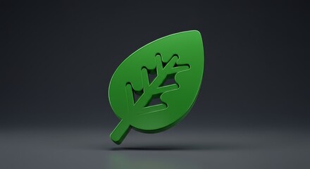 A single, bright green leaf icon with visible veins, rendered in 3D against a dark gray background.
