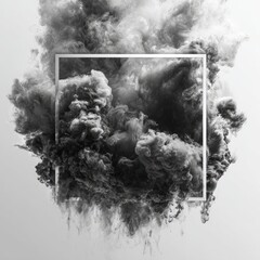 Fototapeta premium A grayscale image of a voluminous smoke plume, densely textured, with a thin white square frame centered, suggesting depth and abstract form