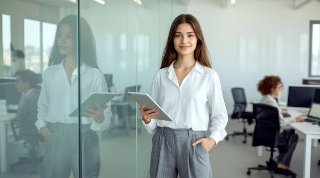 Programmer working in a software developing company office. young woman standing confidently in a modern, open-plan office, holding a tablet. She has long brown hair, is wearing a loose white shirt