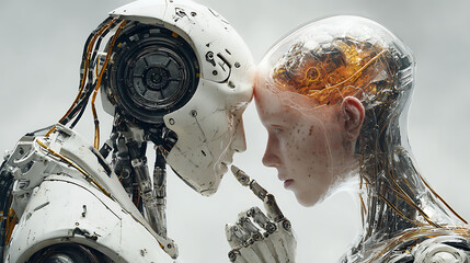 A humanoid robot AI agent hologram sharing knowledge with a human during the singularity symbolizing agentic autonomy and AGI technology in the future using superintelligence