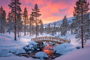 snow-covered wooden bridge over frozen river with forest backdrop, soft pink sunset sky, no text.