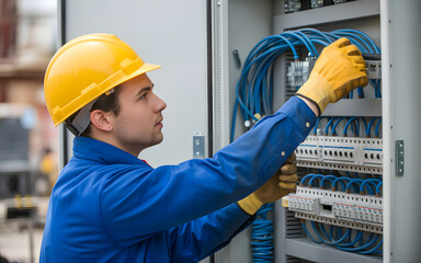 Electrician installing electrical wires in a panel with protective gear, highlighting safety and professional work practices