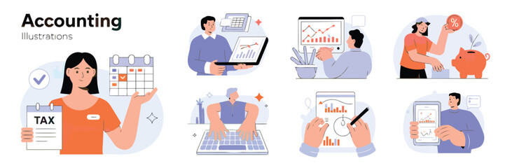 Accounting Illustrations: A comprehensive set of vibrant illustrations captures diverse scenes related to accounting and financial management.