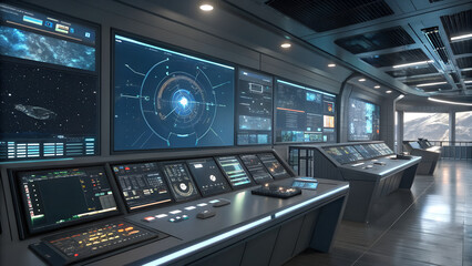 A futuristic control room with digital interfaces and monitoring systems