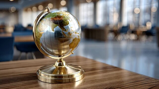 Exploring a detailed globe with a golden base in a bright modern space showcasing global geography