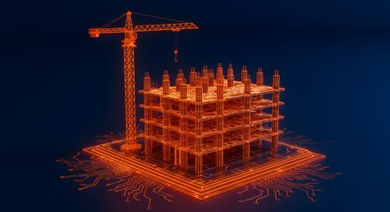 Technological construction concept featuring a building under development with a crane on a computer chip symbolizing innovation