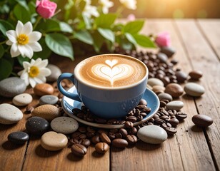 Latte art with flowers and stones