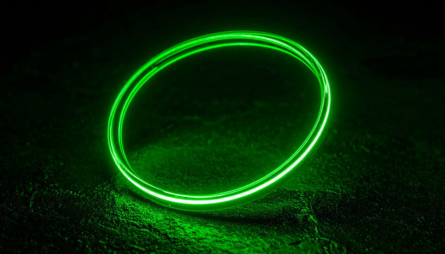 Futuristic cyberpunk-style glowing green neon ring. Dynamic energy, dark backdrop. Digital art.