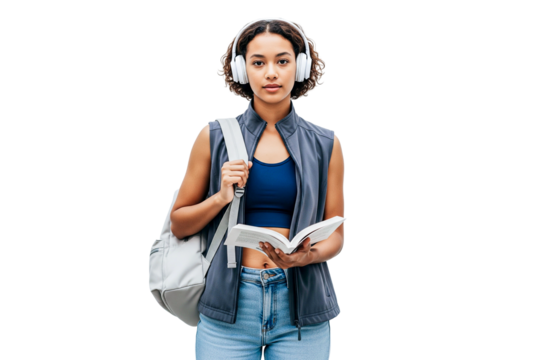 young female student with backpack and headphone, book isolated on white
