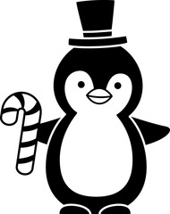 Christmas penguin character holding a candy cane  silhouette. 
Holiday Penguin black clipart  isolated. 
Cute winter christmas penguin  vector element. 
Transparent background. svg.