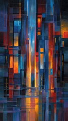Abstract cityscape at twilight, rendered in bold, geometric blocks of deep blues, oranges, and reds, reflecting in a stylized water feature