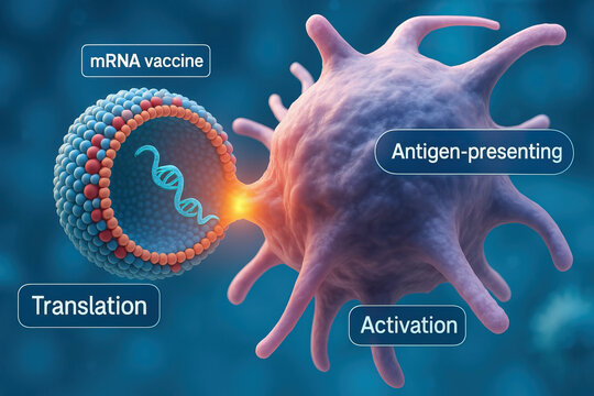MRNA vaccine interaction with antigen presenting cell showing translation and activation process in immune response