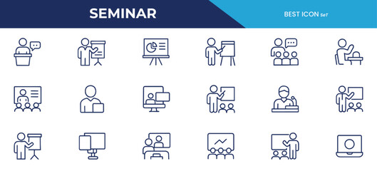 Seminar Line Icons Pack – Professional Presentation, Public Speaking, Training, and Conference