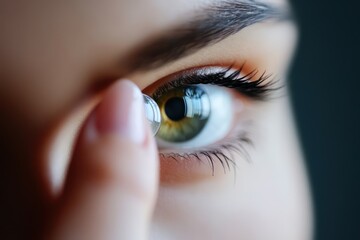 Fototapeta premium Woman carefully handles contact lens for eye care