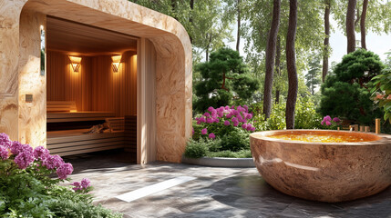 Fototapeta premium A serene outdoor sauna with wooden architecture surrounded by lush greenery and vibrant flowers, inviting relaxation and tranquility