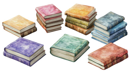 Colorful books stacked library collection education concept on white background
