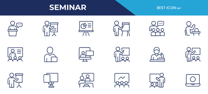 Seminar Line Icons Pack – Professional Presentation, Public Speaking, Training, and Conference