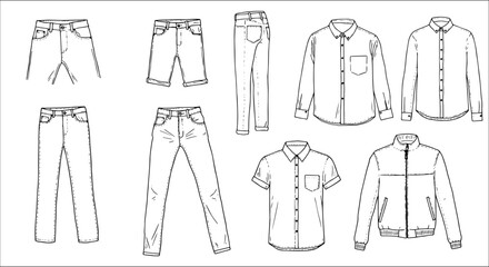 Detailed Line Art of Men's Casual Apparel: Jeans, Shorts, Long  Short Sleeve Shirts, and a Bomber Jacket, perfect for fashion design or illustration.