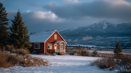 Snow Dusted Red Cabin Roof Against Cloudy Sky and Snowy Mountains