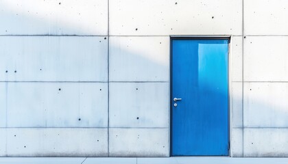 Blue Metal Door Against White Concrete Wall Outdoors Captured In Vertical Photo.