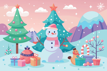 Santa claus with reindeer and snowman wishing merry christmas