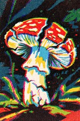 Obraz premium Vibrant pixel art style depiction of a colorful mushroom with red and yellow cap and bluish stem, surrounded by lush green foliage and abstract background