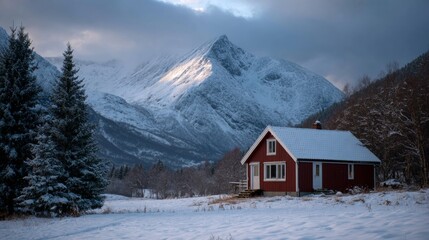 Snow Dusted Red Cabin Roof Against Cloudy Sky and Snowy Mountains