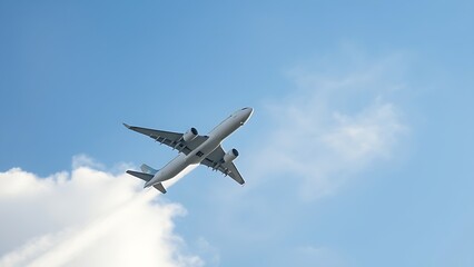 Airplane climbing into a clear blue sky, leaving white contrails against a backdrop of soft clouds.