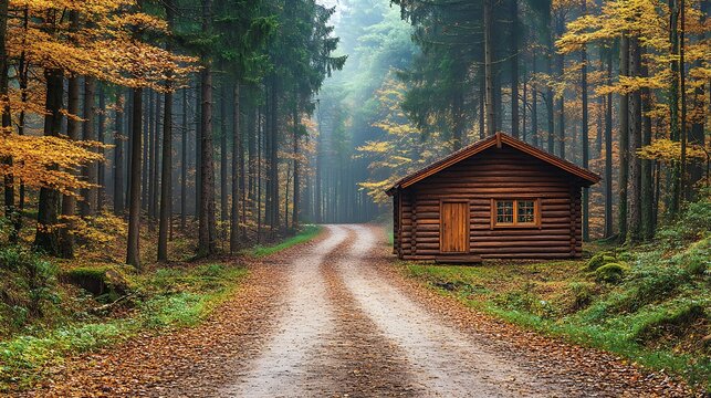A rustic log cabin sits nestled in a misty autumn forest.