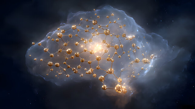 A golden molecular structure of spermidine floating above a brain-shaped nebula, glowing with energy.