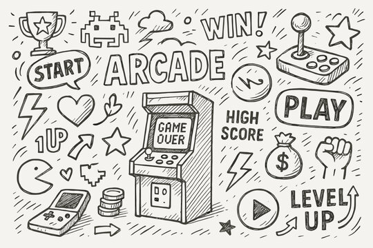 Retro arcade doodle art with game elements and vintage icons