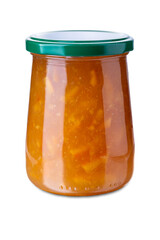 Orange marmalade in a glass jar with a green cap isolated