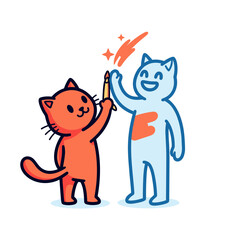 Two Happy Cartoon Cats High-Fiving with a Paint Brush Illustration