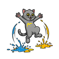 Playful Gray Cat Jumping in Colorful Paint Puddles Illustration