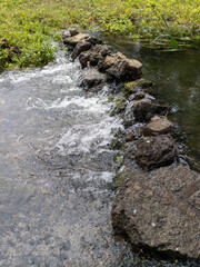 A stream running through a lush green field next to rocks