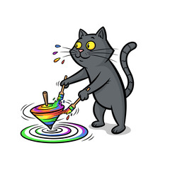 Cute Grey Cat Painting a Spinning Top with Brushes Creating Rainbow Color Circles Illustration