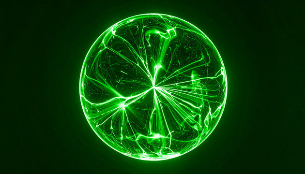 Glowing green sphere of plasma energy. Electric ball. Abstract luminous orb radiating ethereal glow