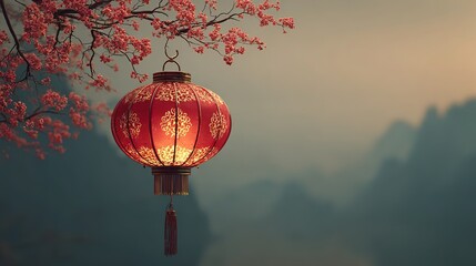 Obraz premium Traditional Red Silk Palace Lantern with Golden Cutout and Ink Landscape for Holiday Greeting and Celebration Design