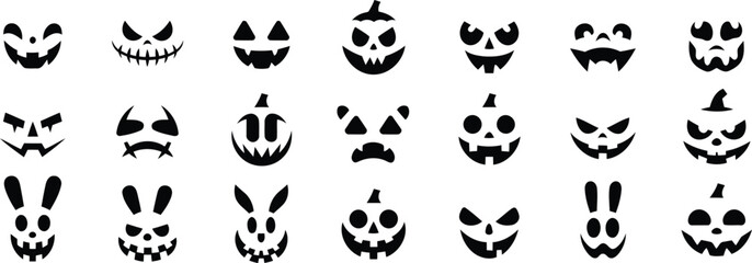 Flat black and white icon set of funny and scary Halloween pumpkin faces