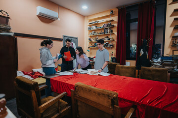 Four young actors excitedly prepare their performance in a warmly lit theater backstage filled with scripts, books, and other dramatic props for a celebratory moment.
