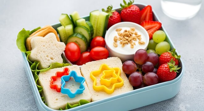 A creative school lunch box with star-shaped sandwiches, fresh fruit, vegetables, and a creamy dip. - Powered by Adobe