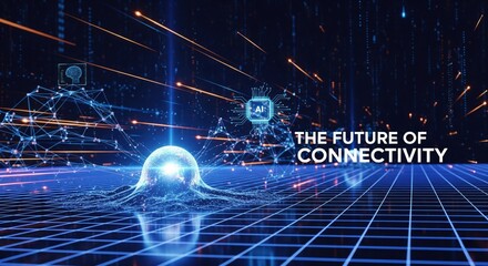 echnological Network with the words “The Future of Connectivity”. a futuristic digital illustration with a grid-like plane with a network of lines. Towards the front and center is a sphere. 