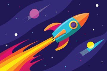 Naklejka premium a vibrant, retrostyle rocket soaring through a colorful nebula in outer space, leaving a trail of fire, representing adventure and cosmic travel vector illustration