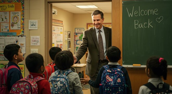 A smiling male teacher greets a group of young, diverse students with backpacks at the classroom door, a chalkboard with "Welcome Back" is visible.