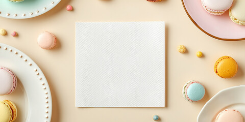 A delightful assortment of colorful macarons on a pastel backdrop, with a blank canvas for creative inspiration